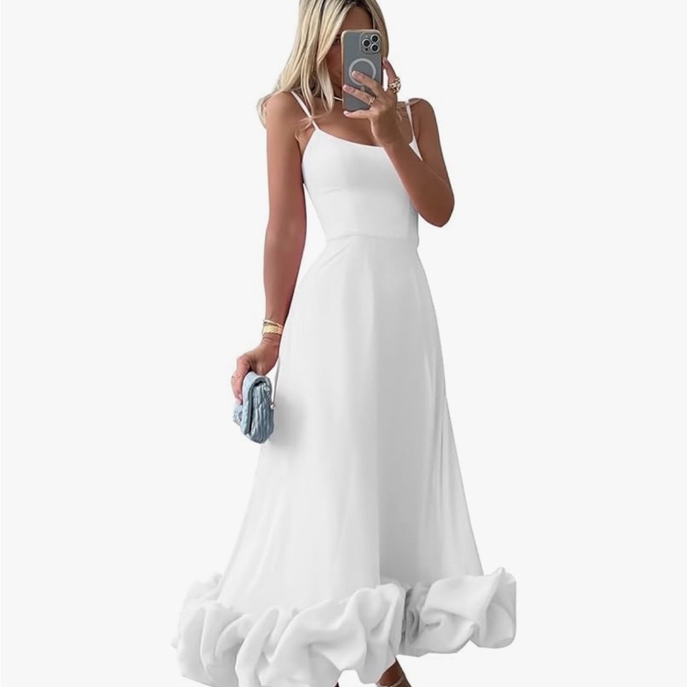 White Midi Ruffle Trim Dress